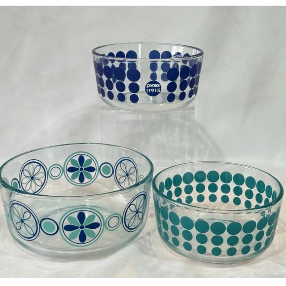 Set of Three Classic PYREX Clear Patterned Bowls - Turquoise & Navy RETRO BOHO - Picture 4 of 11